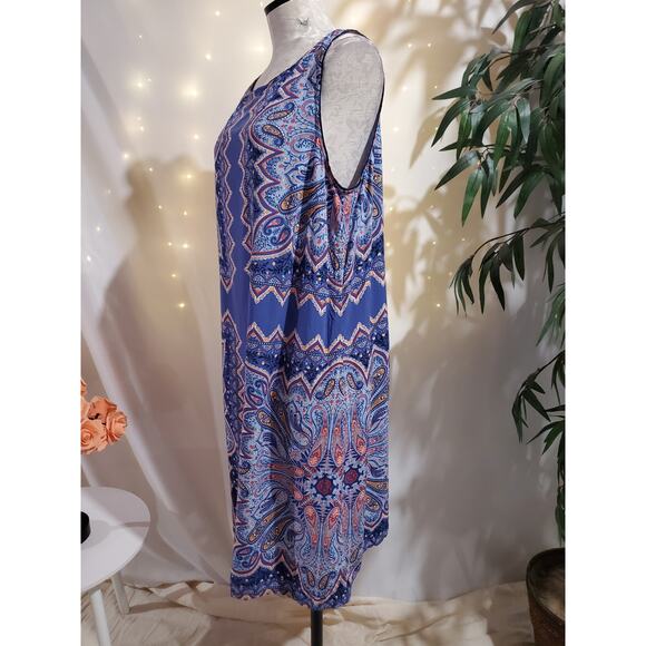 J Jill Paisley Boho Boat Neck Sleeveless Sheath Dress Sz L Majestic Blue Pockets - Picture 5 of 10